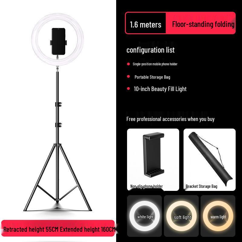 Mobile Live Streaming Floor Stand & 10" Fill Light with Retractable Thermometer Phone Clip