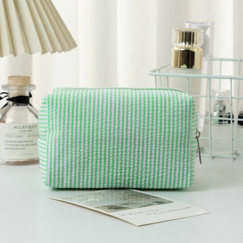 Women Large Capacity Toiletry Bag Embroidered Striped Travel Cosmetic Storage Bag And Makeup Bag Seersucker Portable Handbag Storage