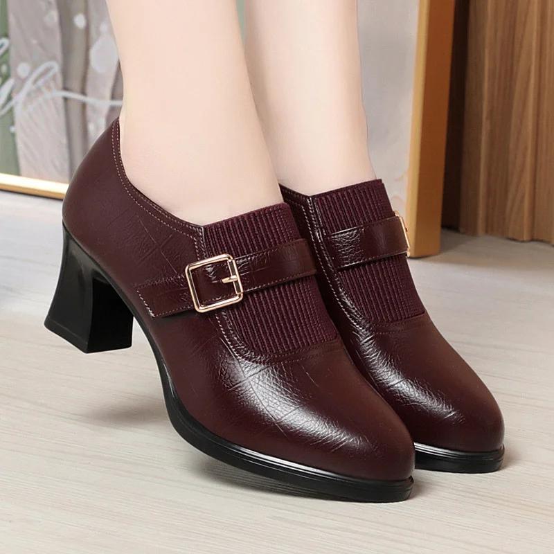 Autumn Fashion Comfort Deep Mouth Soft Leather Shoes Women Pumps  Spring Block Heels Shoes for Office Mom Model Daily