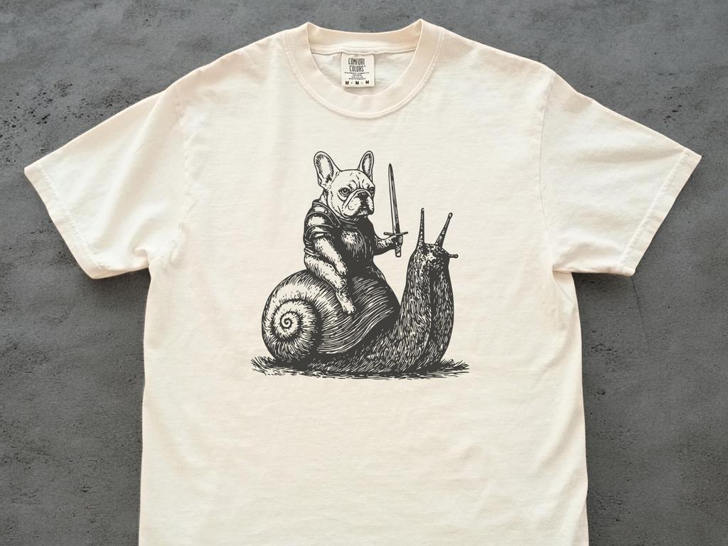 Funny French Bulldog Knight Riding Snail T-Shirt: Y2K Meme Dog Gift