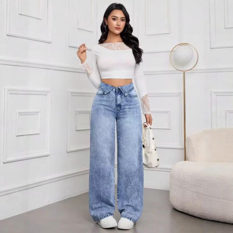 High Waist Wide Leg Jeans Women Light Blue Washed Denim Pants Loose Straight Trousers