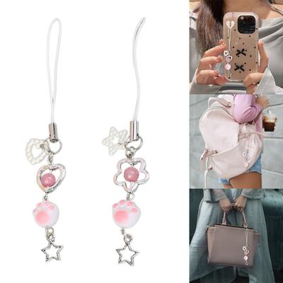 Cute Acrylic Beaded Keychain Cat Paw Pendant Keyring Card Book Mobile Phone Charm Lightweight Key Chain Ornament
