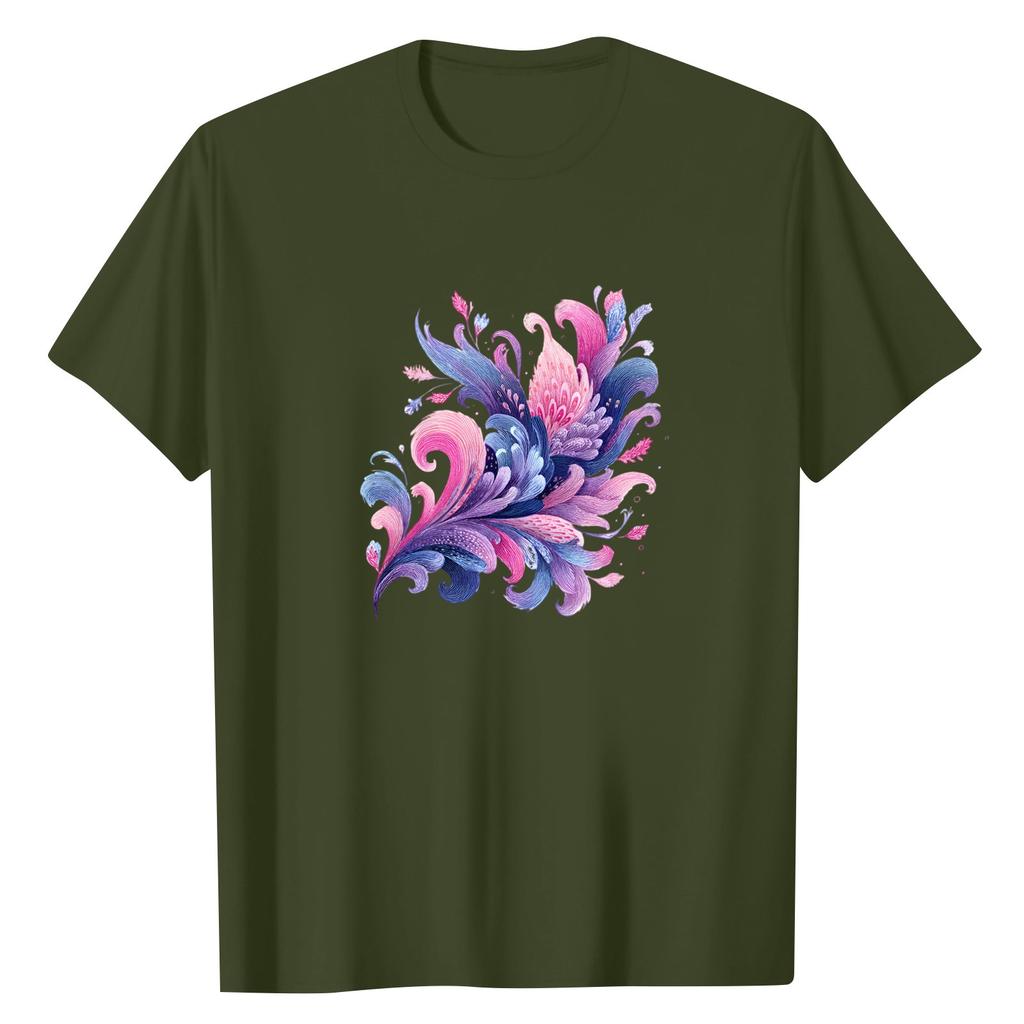Women's Fashionable Round Neck Casual Retro Print Short Sleeved T-shirt Top