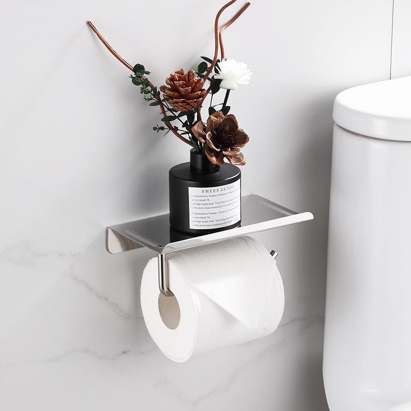 Punch-Free Stainless Steel Toilet Paper Holder with Mobile Phone Shelf