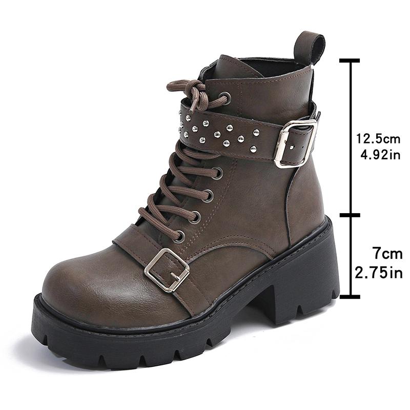 Fashion Punk Gothic Platform Ankle Boots for Women Chunky Heel Lace Up Black Combat Boots Women Buckle Strap Rivets Motorcycle Booties