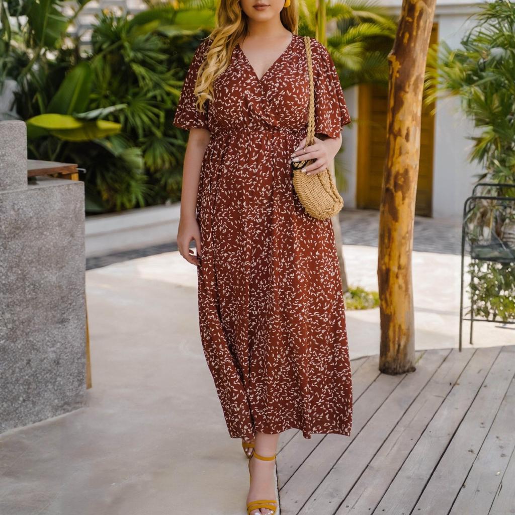 Women's Fashionable Plus Size Floral Print V-neck Short Sleeved High Waisted Loose Dress