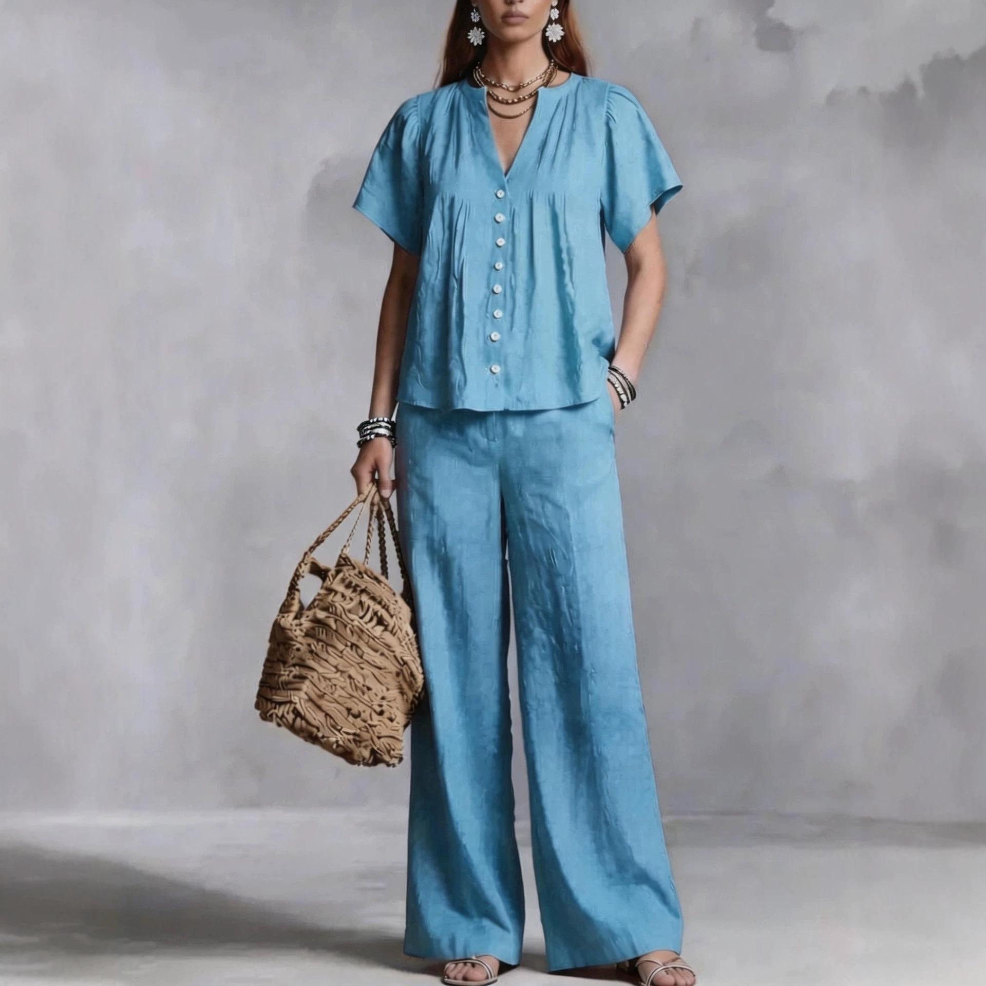 2026 European and American cross-border new women s vacation women s cotton and linen V-neck casual suit S небесно-голубой