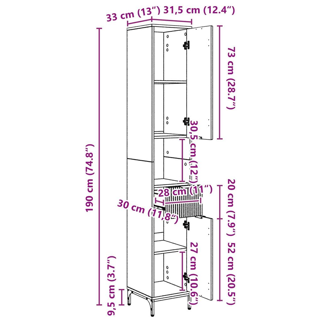 Bathroom Cabinet with Door Smoked Oak 31.5 x 33 x 190 cm