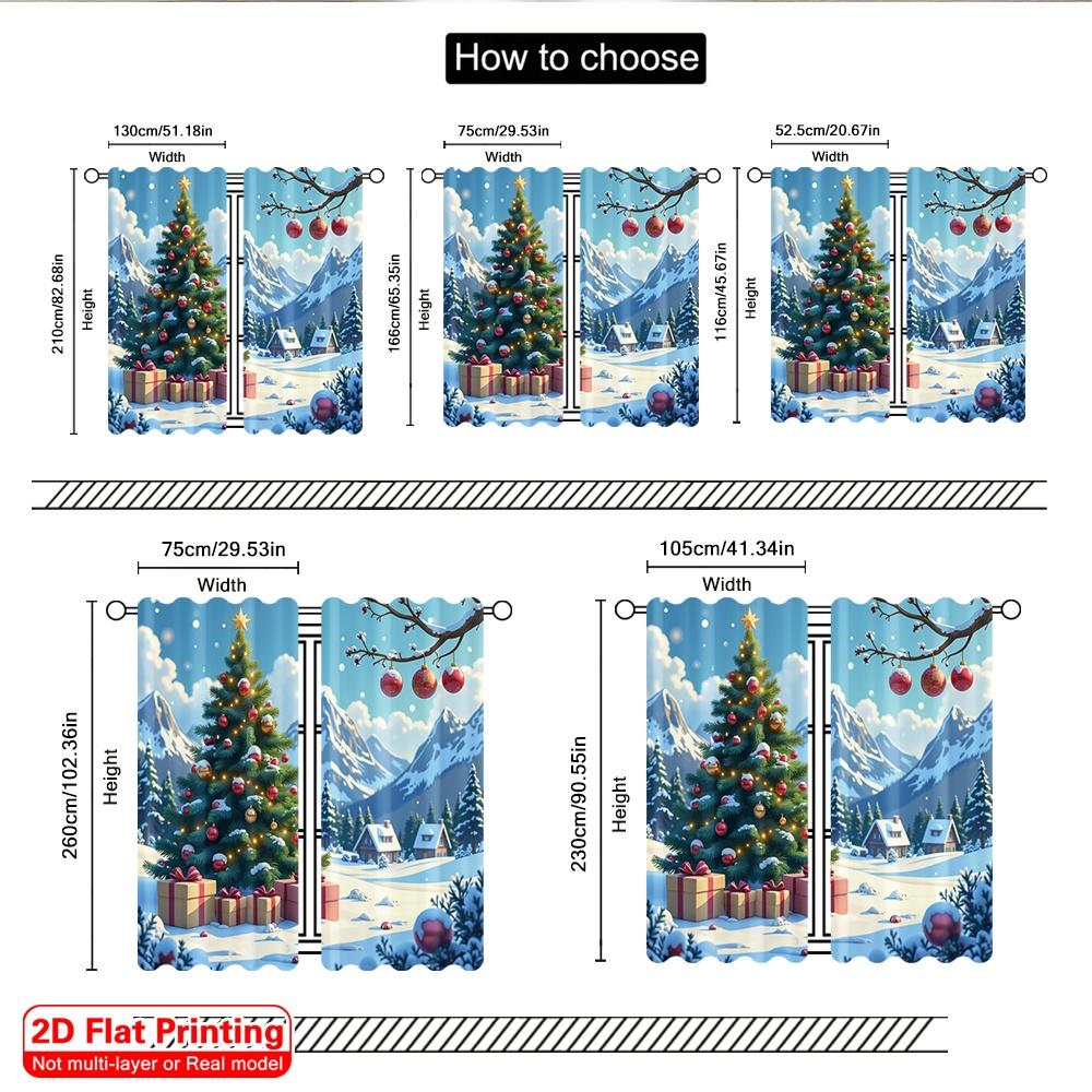 2pcs 2D Flat Printing Merry Christmas Popular Curtains Christmas Village Snow Gifts Tree Polyester Without Electricity Festive
