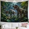 2D Flat, 1pc Horizontal -Rex Dinosaur Tapestry Wall Hanging - Two Tyrannosaurs Jungle Waterfall Battle Scene, Lush Vegetation & Misty Cascades Print, 