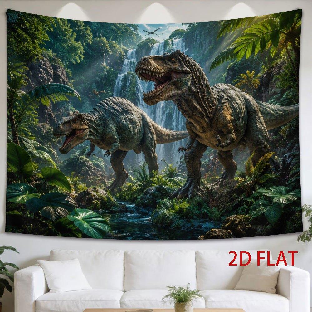 2D Flat, 1pc Horizontal -Rex Dinosaur Tapestry Wall Hanging - Two Tyrannosaurs Jungle Waterfall Battle Scene, Lush Vegetation & Misty Cascades Print,