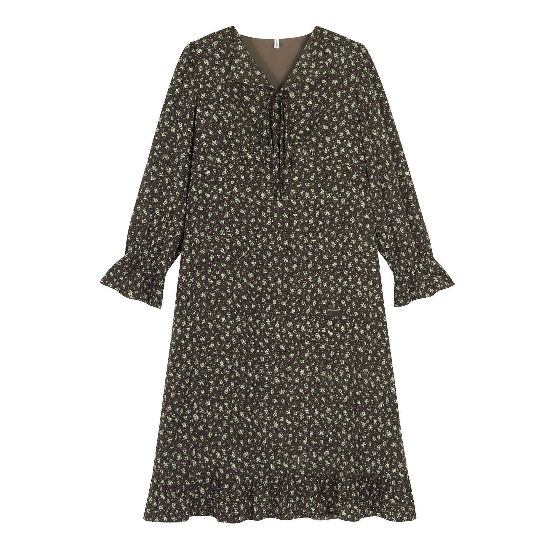 

Korean Retro Floral Plus-Size Ruffle V-Neck Tie-Up Dress 2XL (140-160 jin)