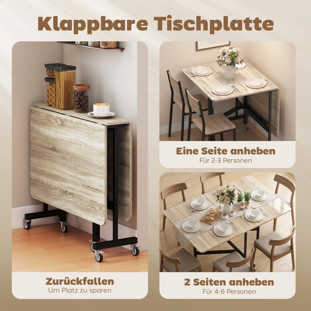 Tavolo Pieghevole da Mobile con 6 Ruote e Freni, Tavolo da Cucina/Pranzo Pieghevole per Piccoli Spazi, Rovere
