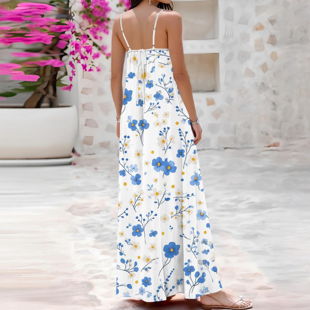 Women's Spring And Summer Casual Fashion Adjustable Suspender Printing Long Dress