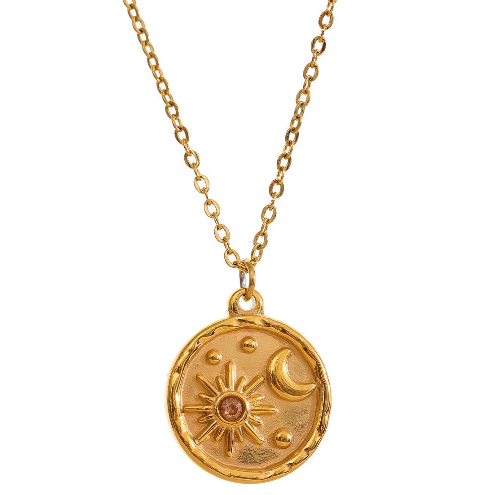 

Yhpup Fashion Celestial Moon Sun Delicate Round Pendant Stainless Steel Necklace 18k Gold Plated Chain Trendy Charm Chic Jewelry
