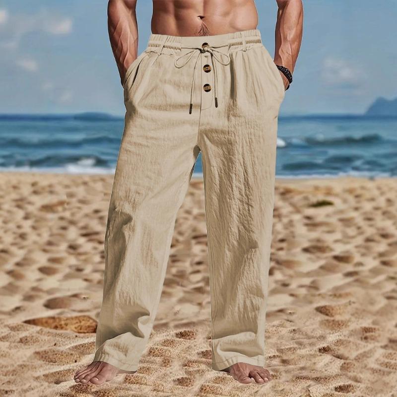 Men Linen Blend Drawstring Waist Wide Leg Pants Casual Beach Trousers With Pockets