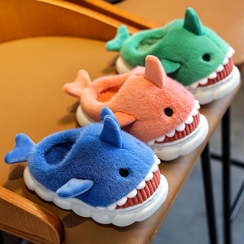Kids' Cute Cartoon Shark Slippers - Cozy Cotton for Boys & Girls, Thick-Soled for Autumn & Winter Indoor Comfort