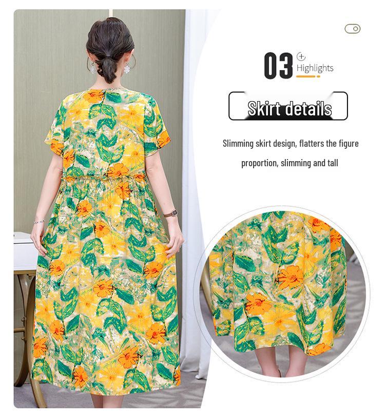 Plus Size Floral Cotton-Silk Dress for Women - Summer Fashion, Elegant Long Swing Dress