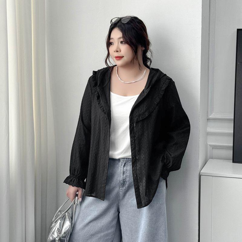 

Plus size women clothing [Fairy Flying] Chubby Girl Korean Series Lace Jacquard Breathable Long sleeve Hood Sun Protection Shirts Outerwear Night Sky Black 8xl