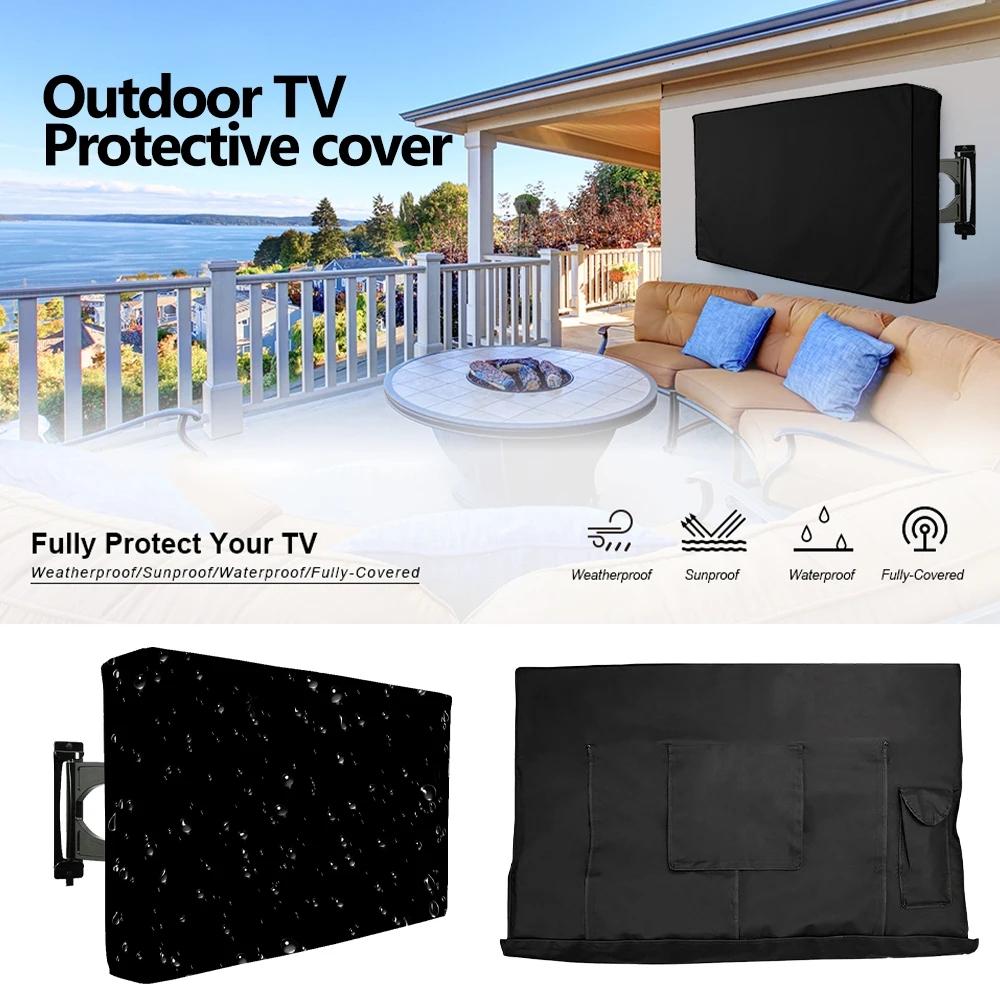 1pc Black Waterproof TV Cover for Outdoor Use - Durable Fabric, Drawstring Closure, Compatible with Most Mounts and Stands