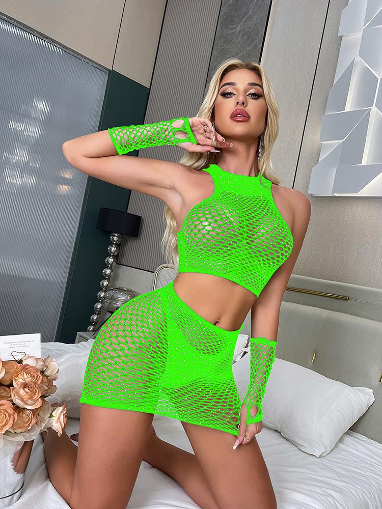 Hot Diamond Hollowed-out Tight Mesh, Sexy Long-sleeved Erotic Underwear, Perspective Plus Diamond Hip Skirt