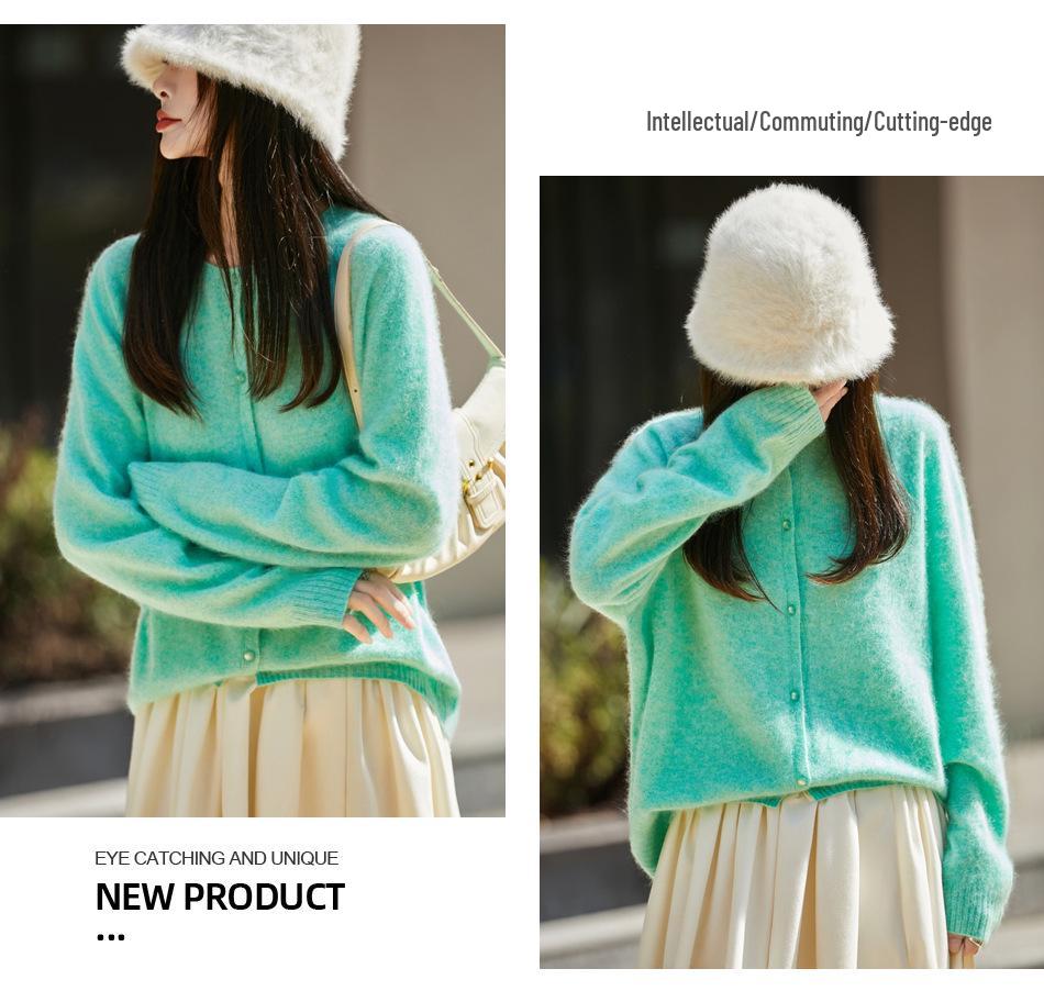 Women's Korean-Style Brushed Wool Cardigan - Round Neck, Chic Knit Outerwear Sweater, New for 2025.