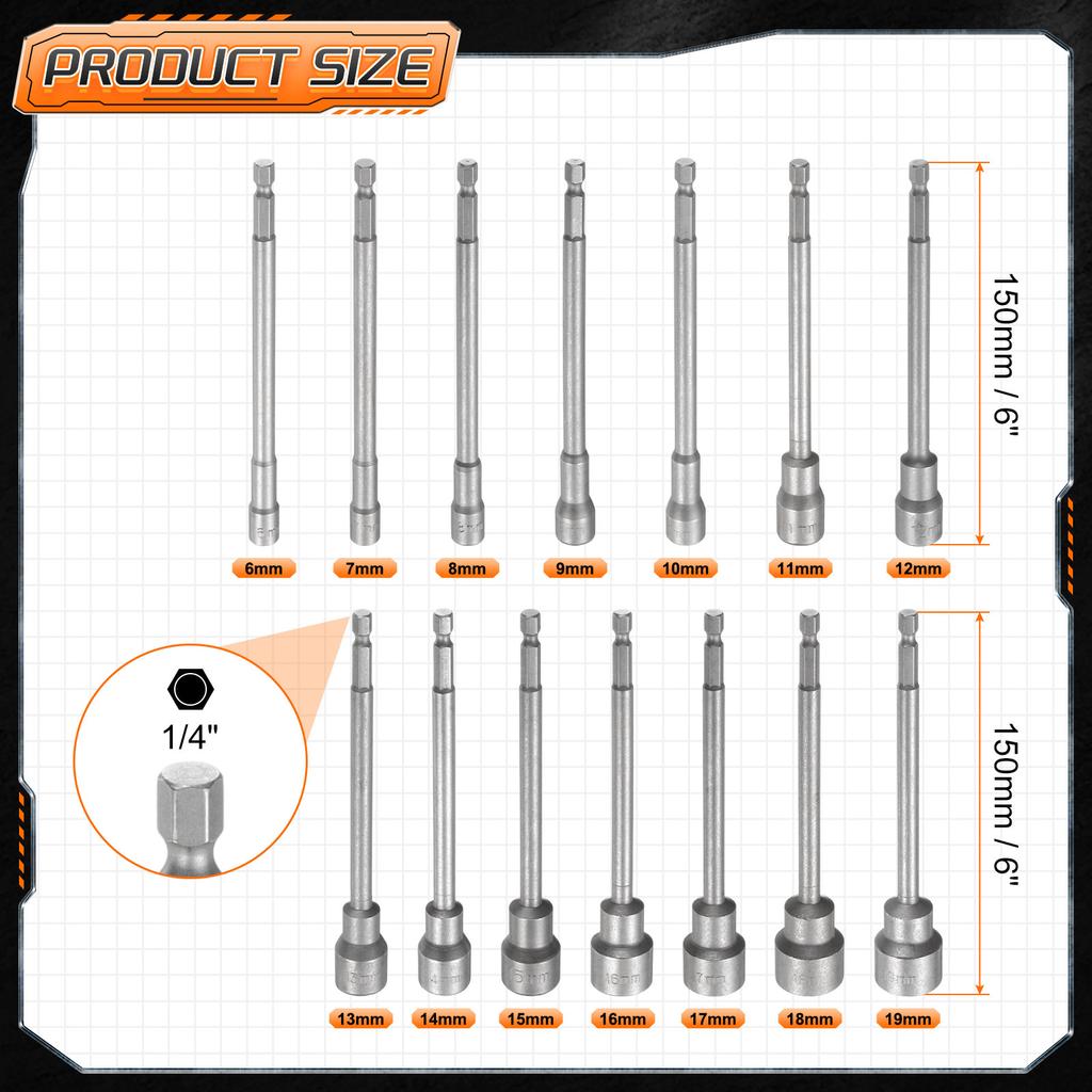 3-15pcs Nut Driver Drill Bit Set 5.5-19mm Metric Impact Socket 1/4" Hex Shank 6" (150mm) Extra Long Magnetic 6-Point Sockets