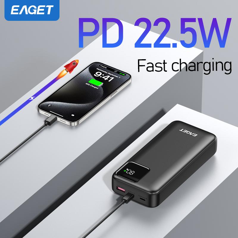 EAGET Bærbar lader PD22.5W 20000mAh USB-C QC 4.0 Hurtiglading Digitalt Display Lader for iPhone 16/15/14/13/12/11, for Samsung, Android