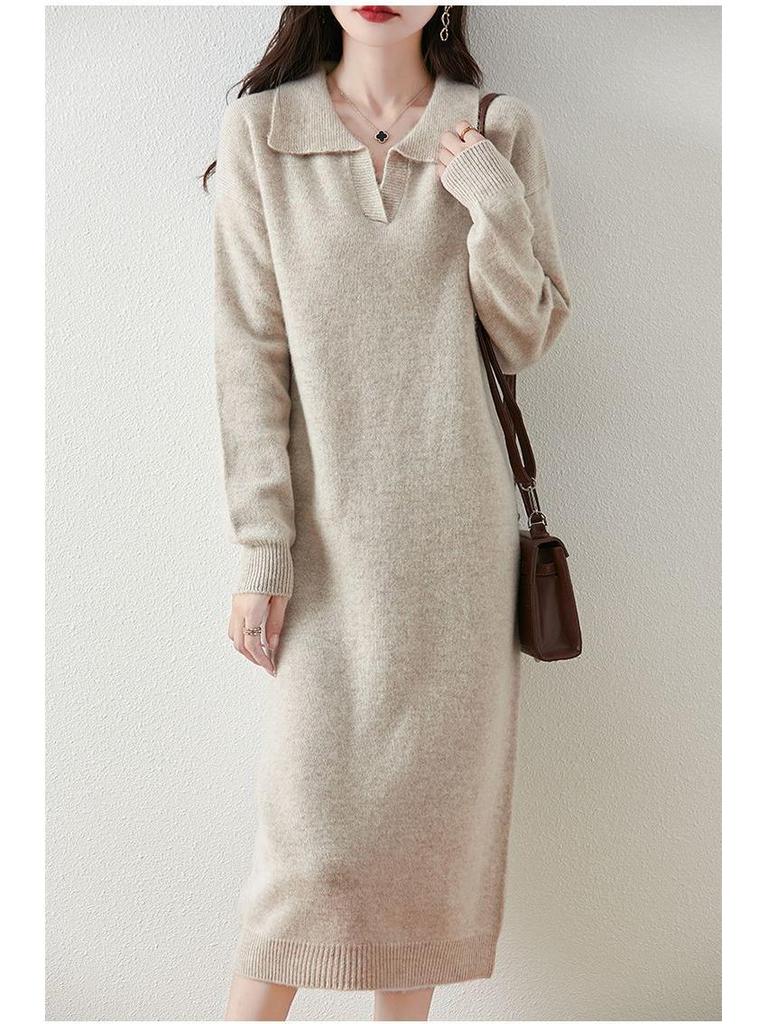 Women's Thickened Wool Polo Neck Long Dress - Autumn/Winter Loose Knit Base Layer 