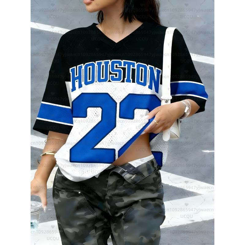 Women's NO.22 Houston Print V-Neck Short Sleeve T-Shirt Summer Graphic Tee Hole Mesh Jerseys Plus Size Sport T-Shirt