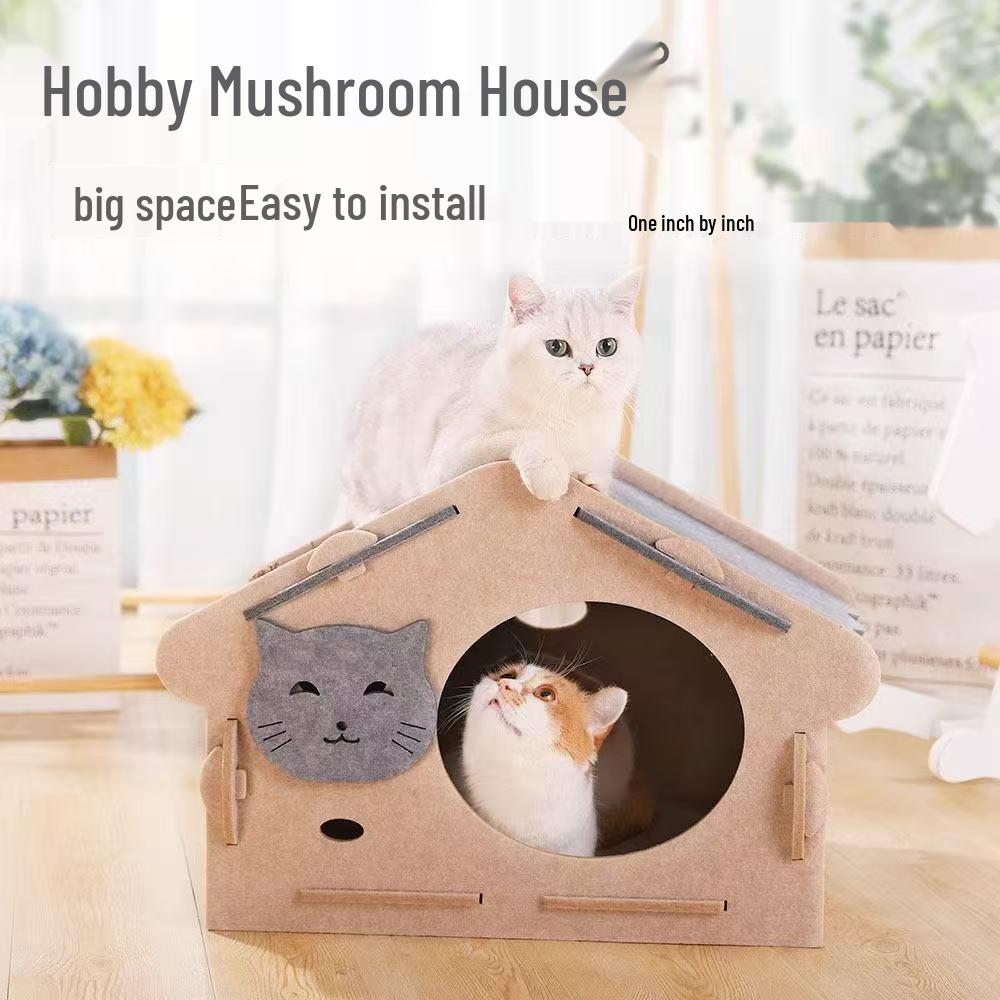 All-Season Felt Enclosed Cat Bed Villa - Detachable Pet Nest House