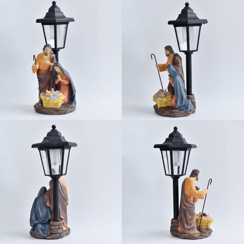 Solar Light Nativity Manger Scene Resins Sculpture Holy Family Ornament For Outdoor Garden Christian Home Decoration