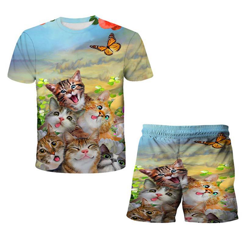 Summer Baby Kids Cat Sets Short Sleeves Printed T Shirts and Short Pants 2pcs Boys and Girls Lovely Clothing Outfits 1-14 Years