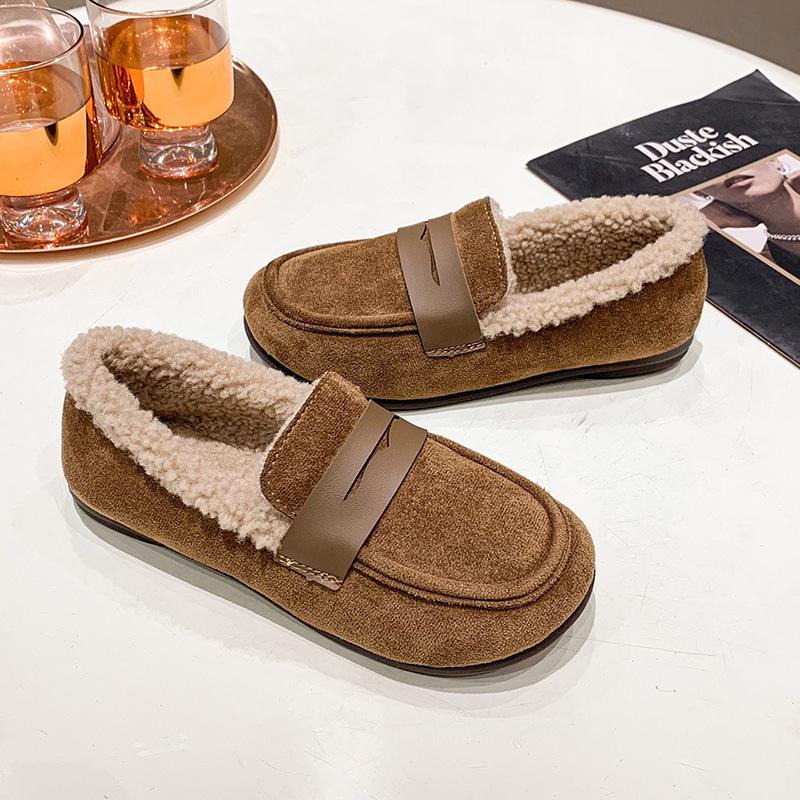 Soft-soled soft leather velvet warm small single shoes autumn and winter flat-bottomed round head simple Doudou cotton shoes