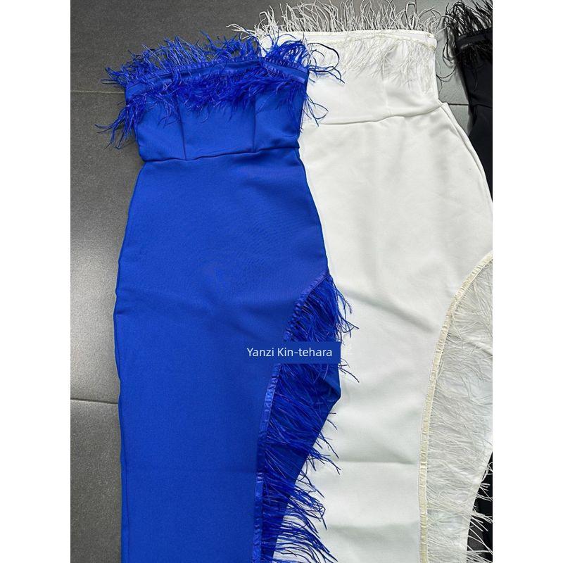 Export Single Catwalk Fashionable Cocktail Party Bandage High Slit Tube Top Feather Edge High Waist Sexy Slim Hip Dress