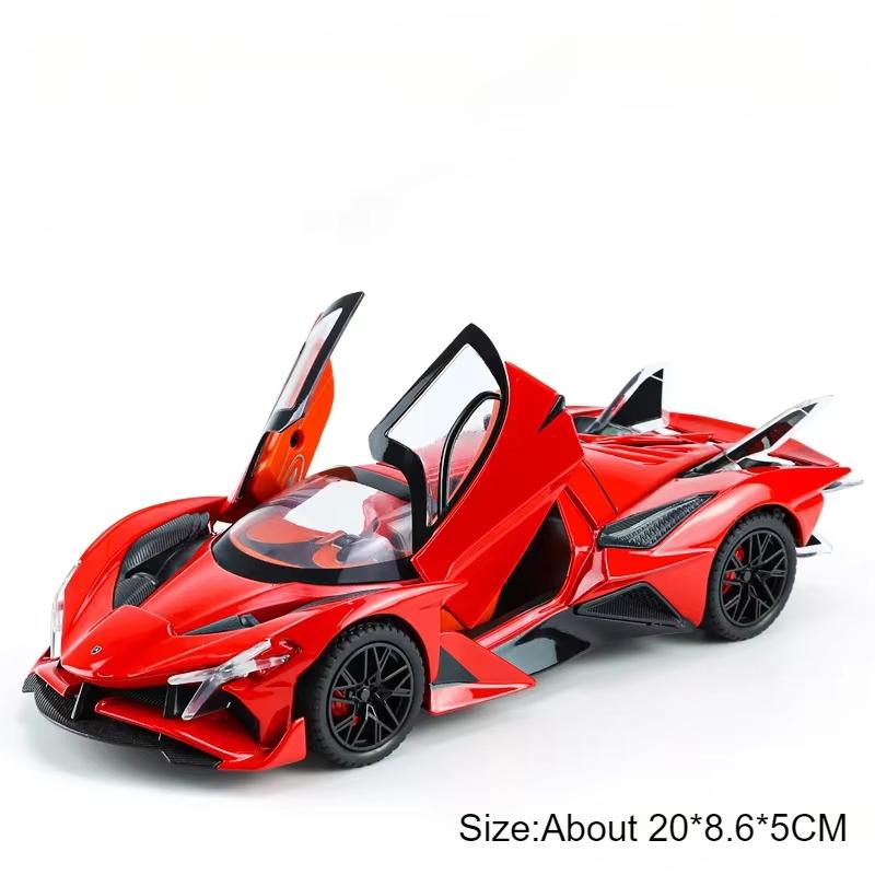 1:24 Scale Plating Apollo Project EVO Sports Car Model Toy Pull Back Sound Light Wheel Steering Supercar Models Desktop Ornament