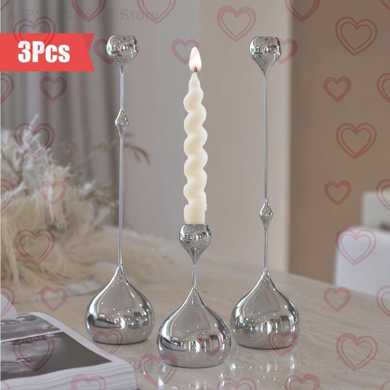 Set Portacandele in Metallo 3 Pezzi Argento Accento Romantico da Tavolo per Decorazione Casa Eventi Matrimonio Cena a Lume di Candela
