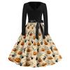 Women Long Sleeve V Neck Dress Vintage Halloween Print Midi Dress with Waist Tie Retro Casual Fit and Flare Dress for Daily Wear