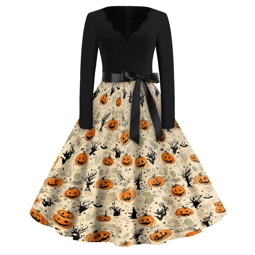 Women Long Sleeve V Neck Dress Vintage Halloween Print Midi Dress with Waist Tie Retro Casual Fit and Flare Dress for Daily Wear