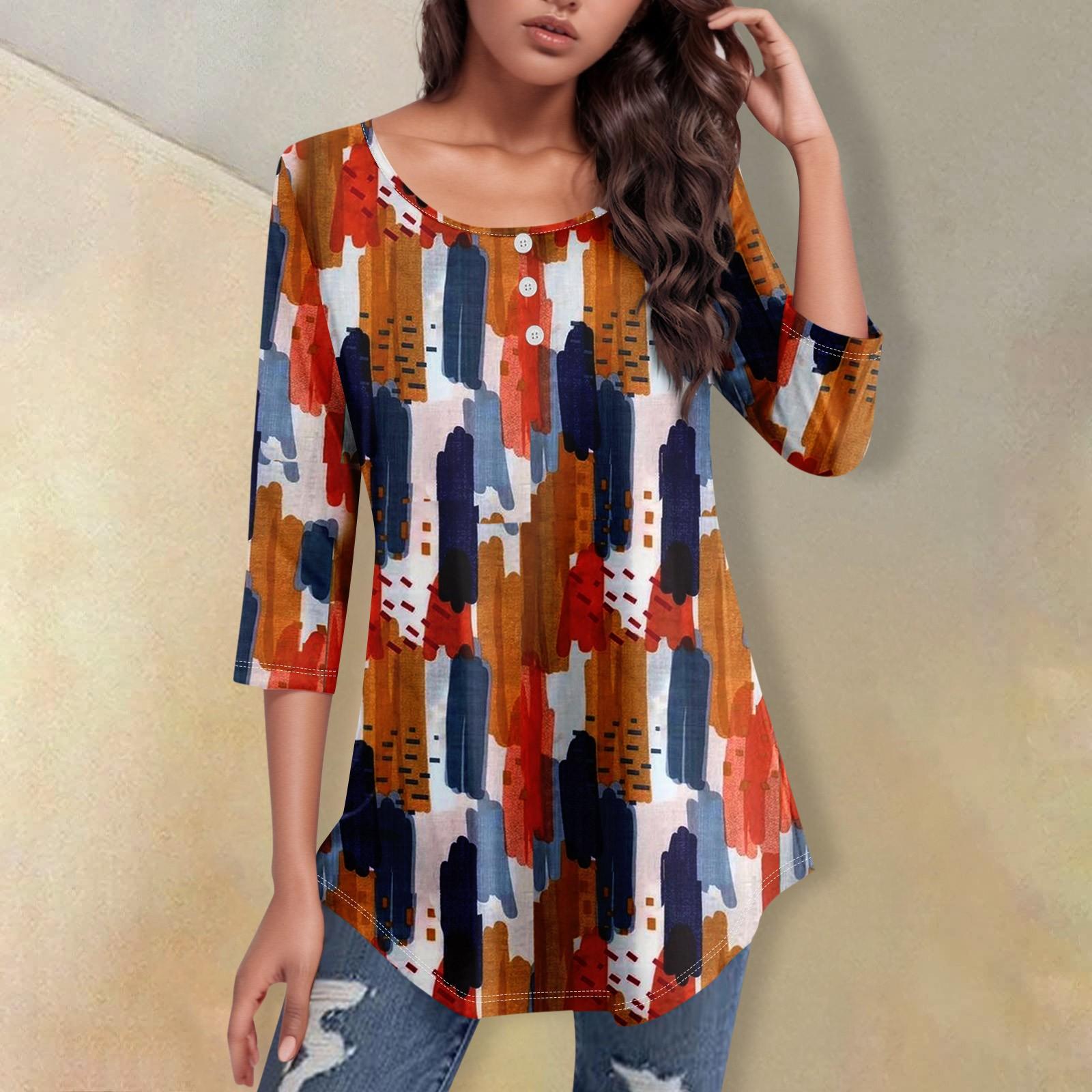 

Рубашки с рукавом 3/4 для женщин с принтом, повседневная футболка на пуговицах с круглым вырезом и верхом с изогнутым краем XL оранжевый