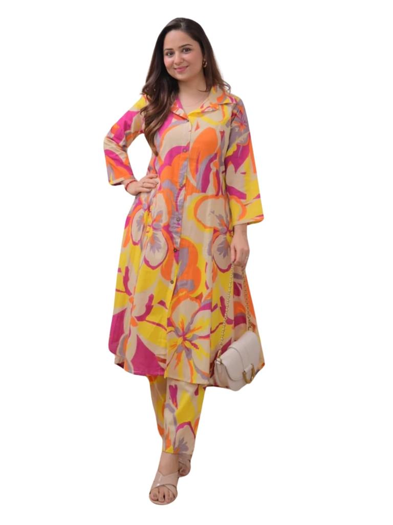 Leriya Fashion WOMEN PRINTED A-LINE CO-ORD KURTA SET FOR WOMEN (LF-W2093&TR1053-3XL-MULTICOLOR)