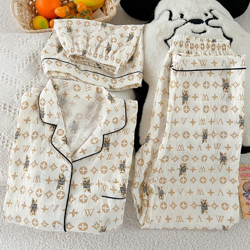 Light Luxury High-End Sense Summer Fashion Cloud Cotton Pajamas Women'S Short-Sleeved Casual Three-Piece Set Loungewear