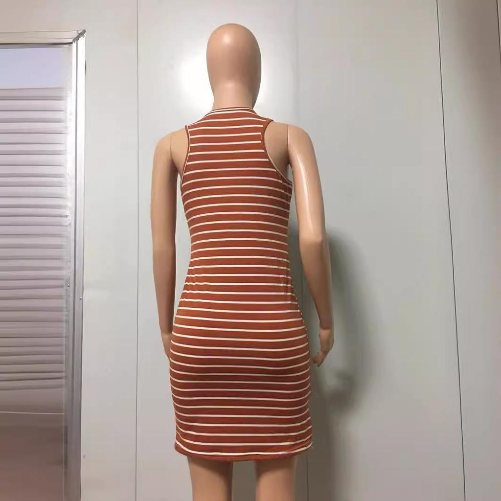 Women's Round Neck Sleeveless Striped Tank Midi Dress Loose Waist Casual Bodycon Knit Dress