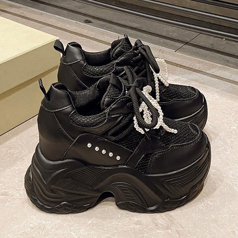 

Модные кроссовки на толстой подошве Fashion Comemore для женщин, сетчатые дышащие, с высокой подошвой 10 см, женская обувь, повседневные черные белые массивные теннисные туфли 34 чёрный