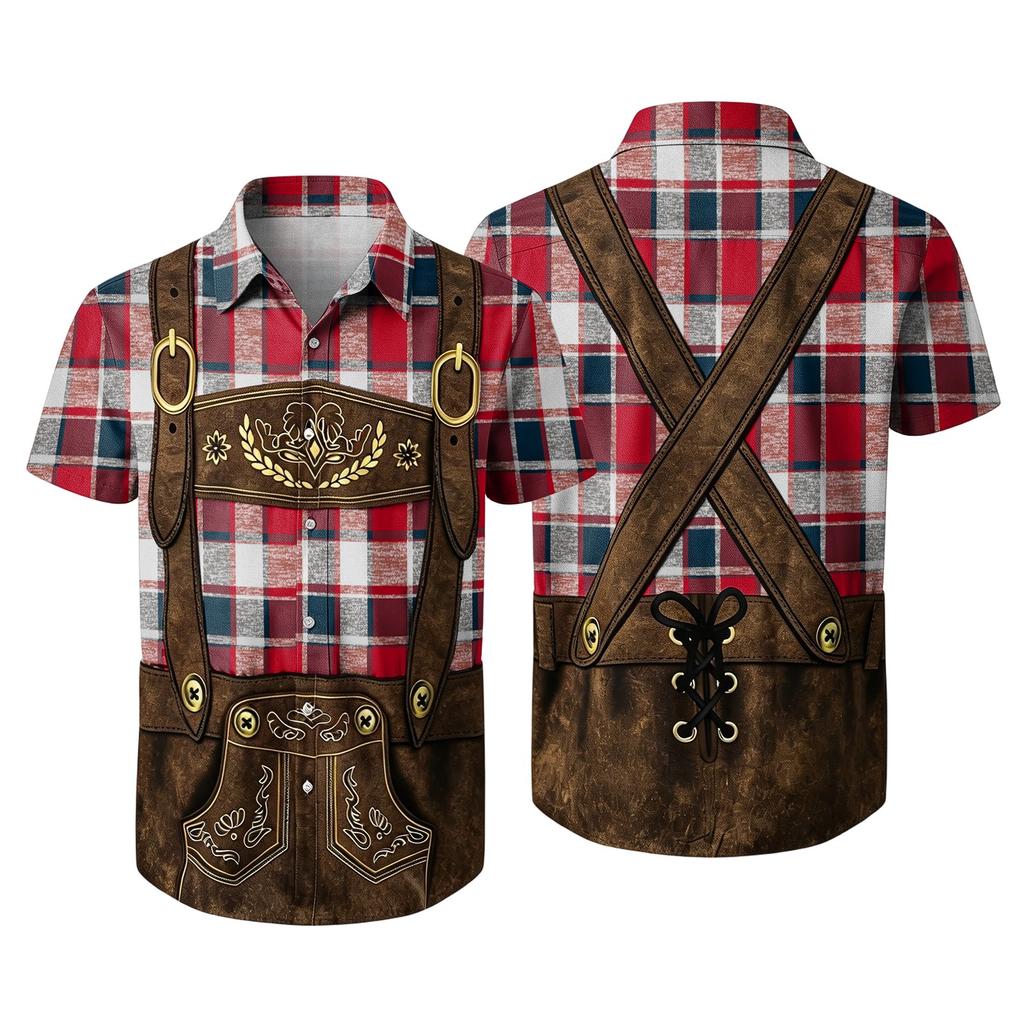 Men’s Short Sleeve Button Down Shirt with Vintage Festival Print Relaxed Fit Casual Party and Everyday Wear Top