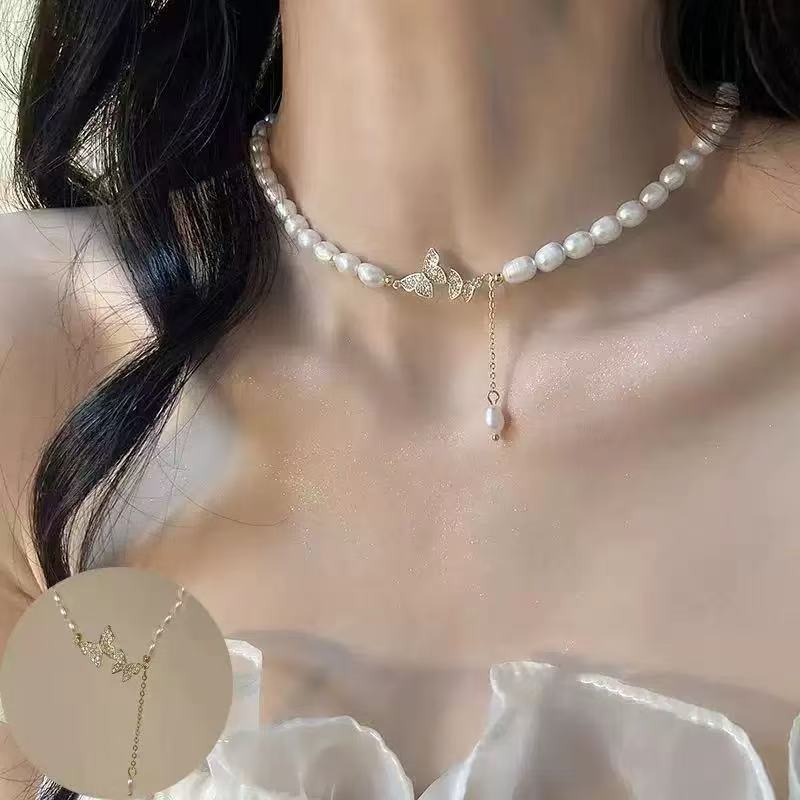 French pearl broken silver necklace women's summer light luxury niche high-end temperament neck chain new collarbone chain