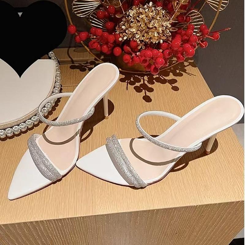 Stunning Black Strap Diamond Open Toe Ultra High Heel Slippers Pointed Toe Thin Heel Fashionable Outdoor Sandals for Women