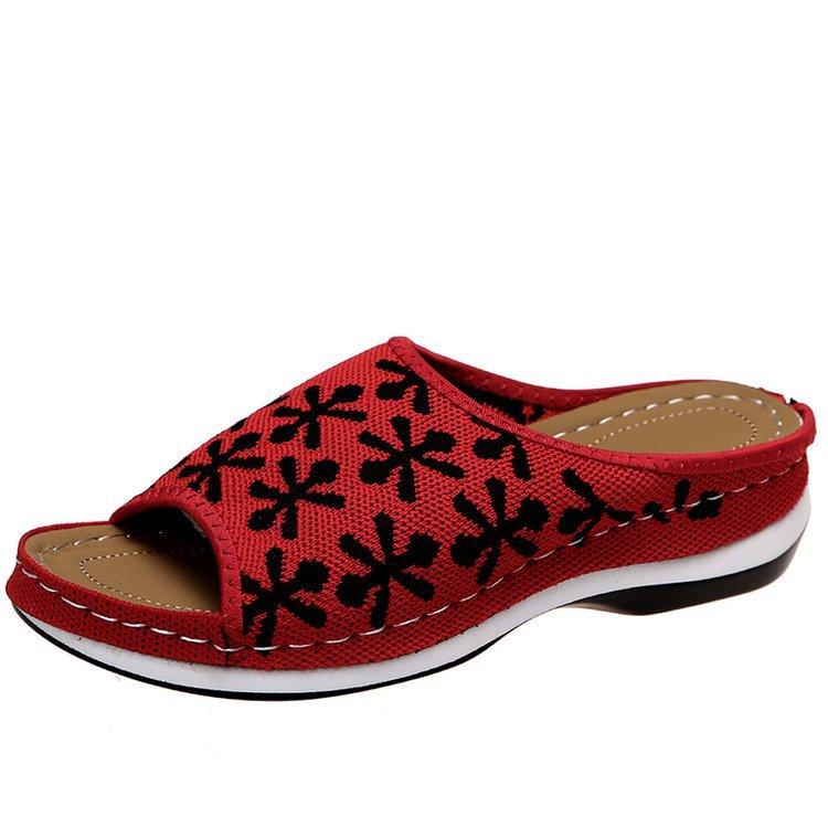 Осень и зима новая обувь с открытым носком ретро-расцветка женские сетчатые полые швы танкетка хлопковые шлепанцы 35 красный 2638₽