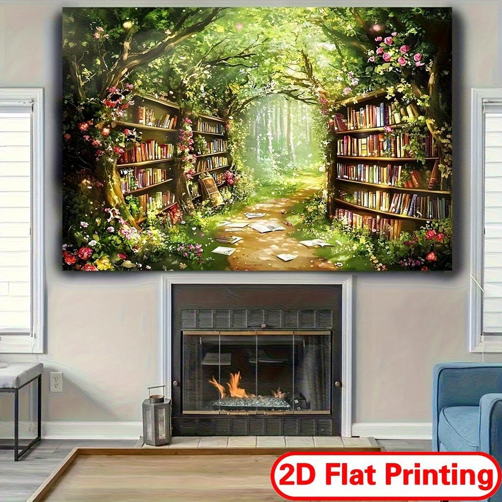 2D plane, magic forest library wall banner - unique passage and bookshelf designDJH