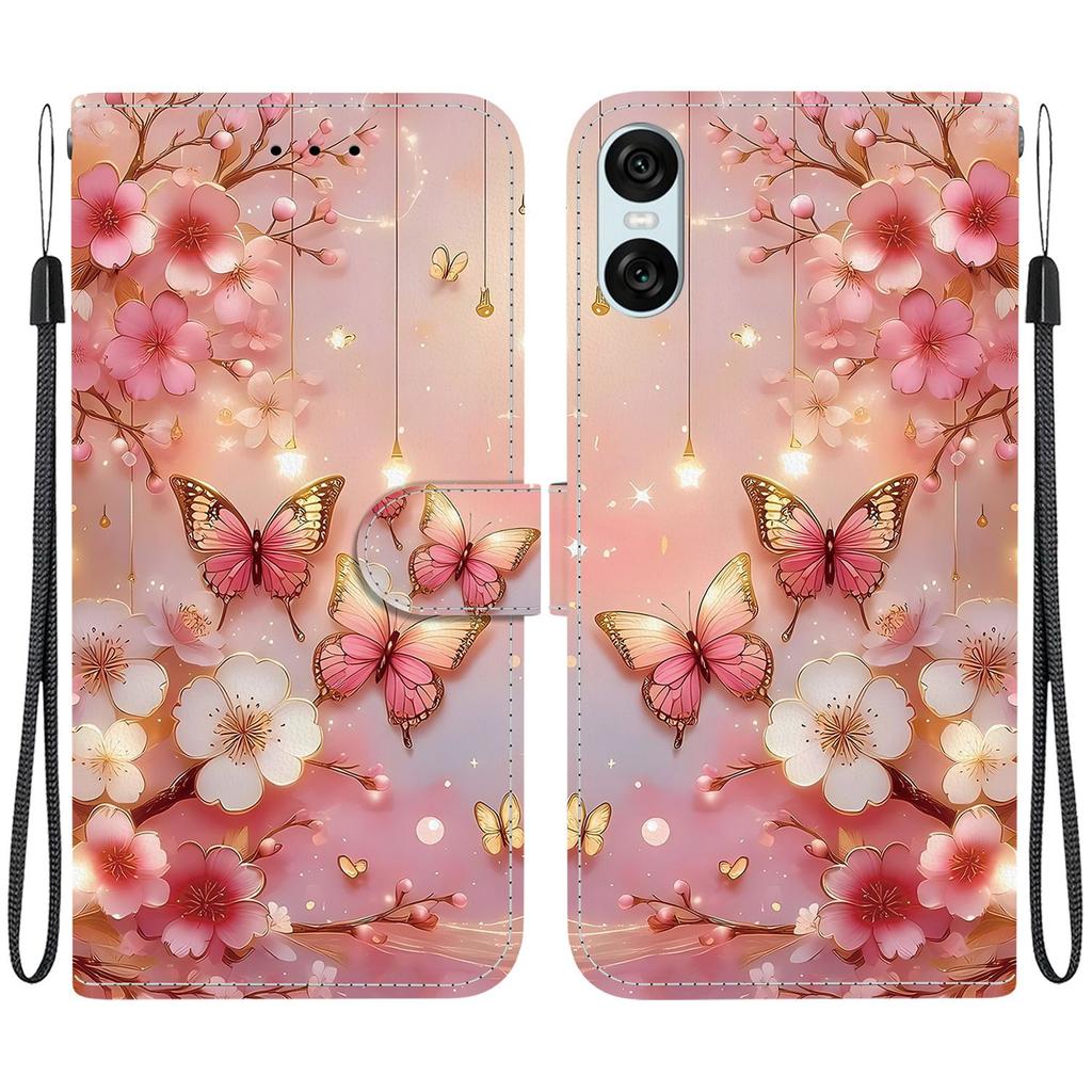 Handmade PU Leather Flip Case for Sony Xperia 10 VI Anti-Slip Shockproof Cover with Wrist Strap & Heart/Rose Cat Designs